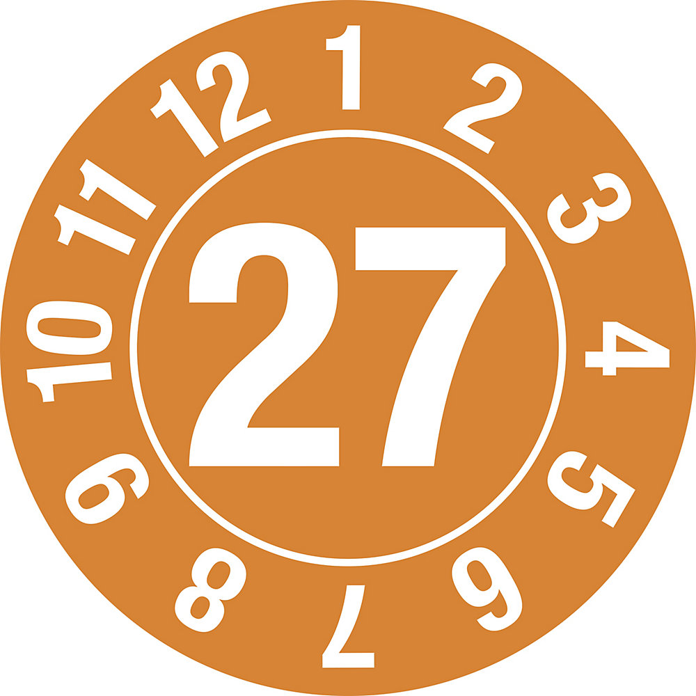 Keuringssticker, jaartal, documentfolie, in cirkel, Ø 10 mm, 27, oranje