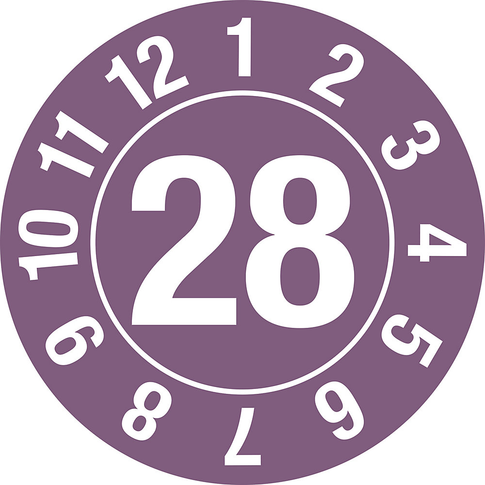 Keuringssticker, jaartal, documentfolie, in cirkel, Ø 10 mm, 28, paars