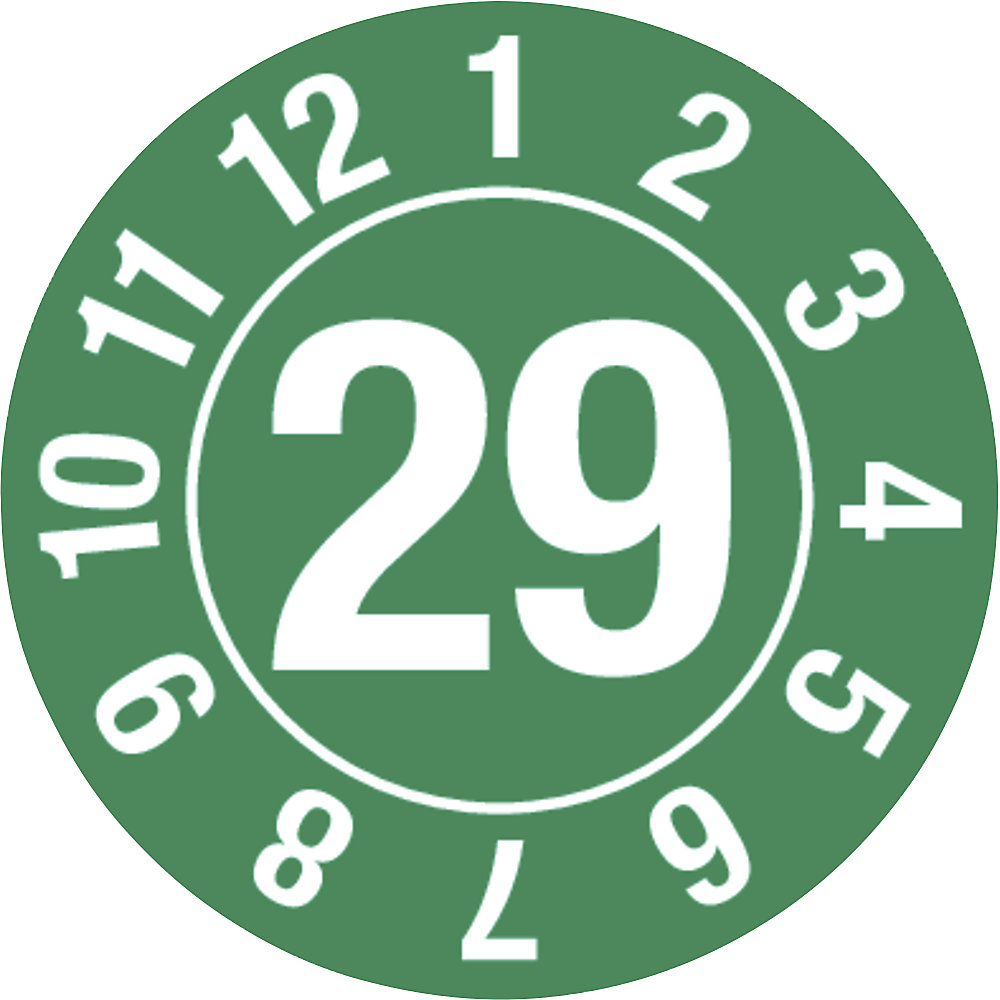 Keuringssticker, jaartal, documentfolie, in cirkel, Ø 10 mm, 29, groen