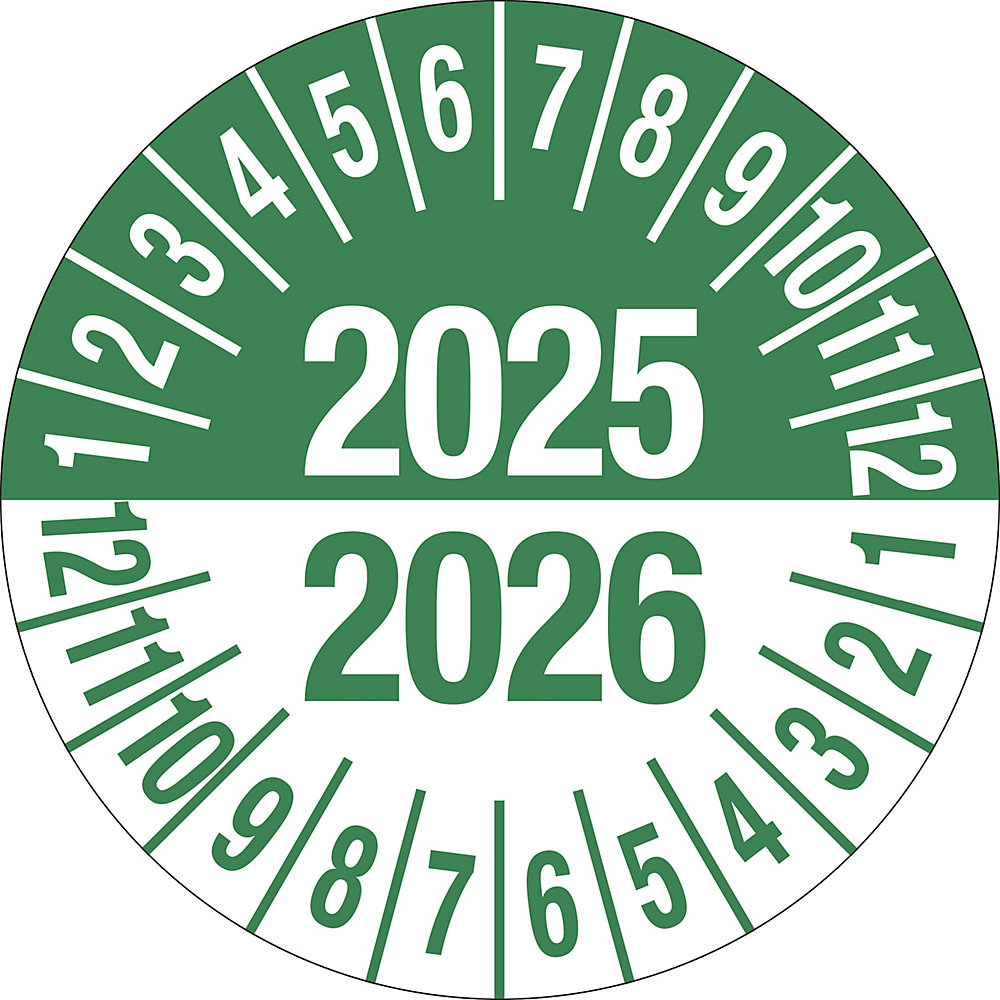 Keuringssticker, meerdere jaartallen, groen, documentfolie, Ø 35 mm, VE = 10 stuks, 2025/2026