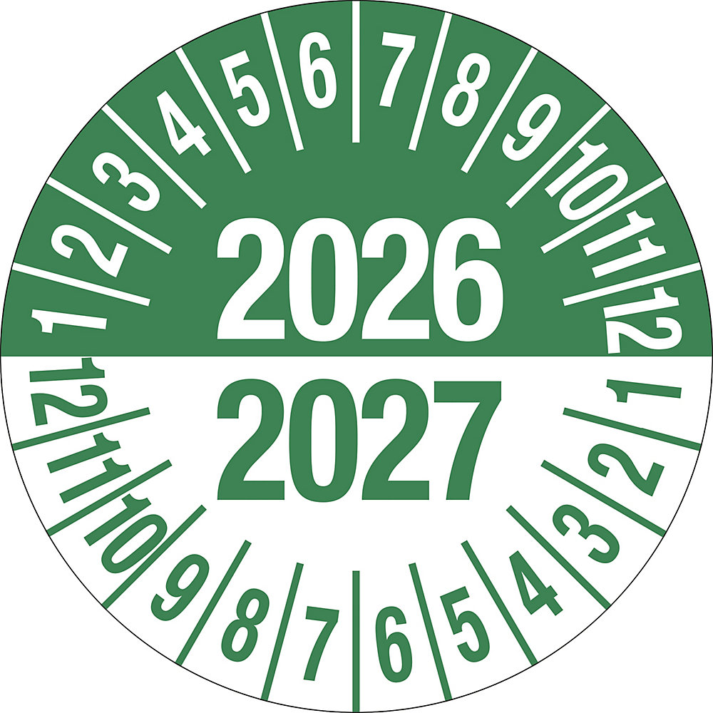 Keuringssticker, meerdere jaartallen, groen, documentfolie, Ø 35 mm, VE = 10 stuks, 2026/2027