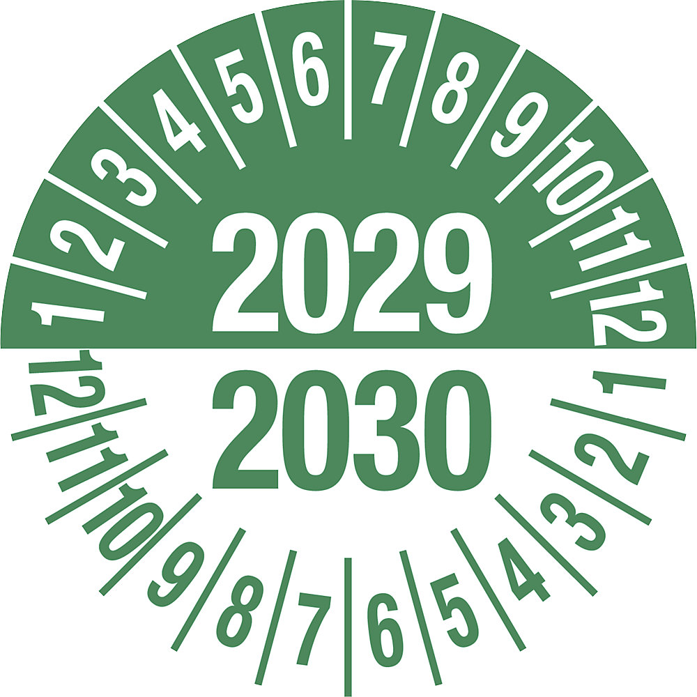 Keuringssticker, meerdere jaartallen, groen, documentfolie, Ø 35 mm, VE = 10 stuks, 2029/2030