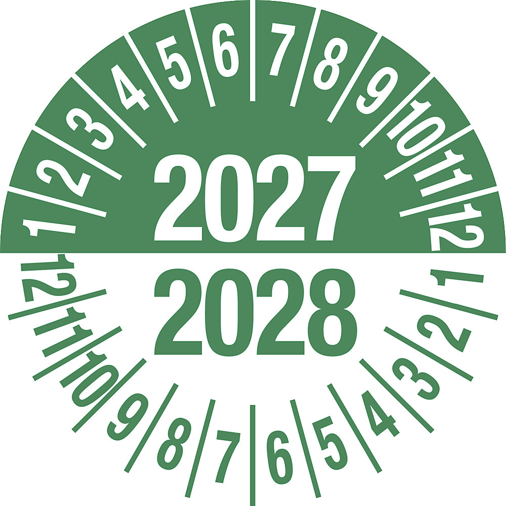 Keuringssticker, meerdere jaartallen, groen, documentfolie, Ø 35 mm, VE = 10 stuks, 2027/2028