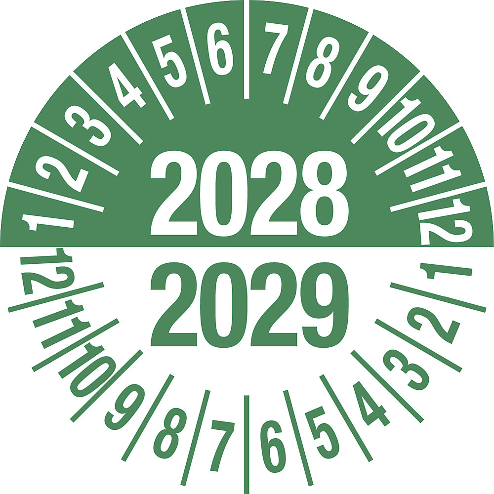 Keuringssticker, meerdere jaartallen, groen, documentfolie, Ø 35 mm, VE = 10 stuks, 2028/2029