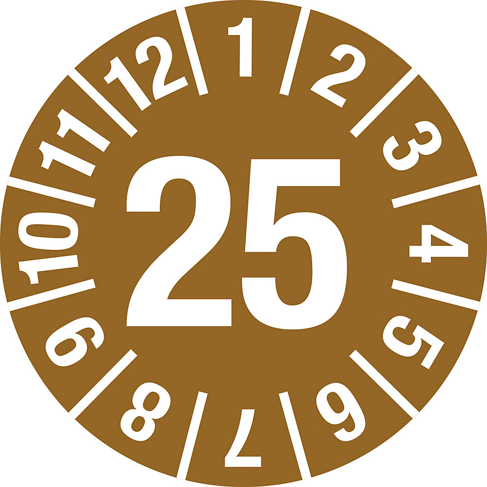 Keuringssticker, jaartal, documentfolie, Ø 15 mm, 25, bruin