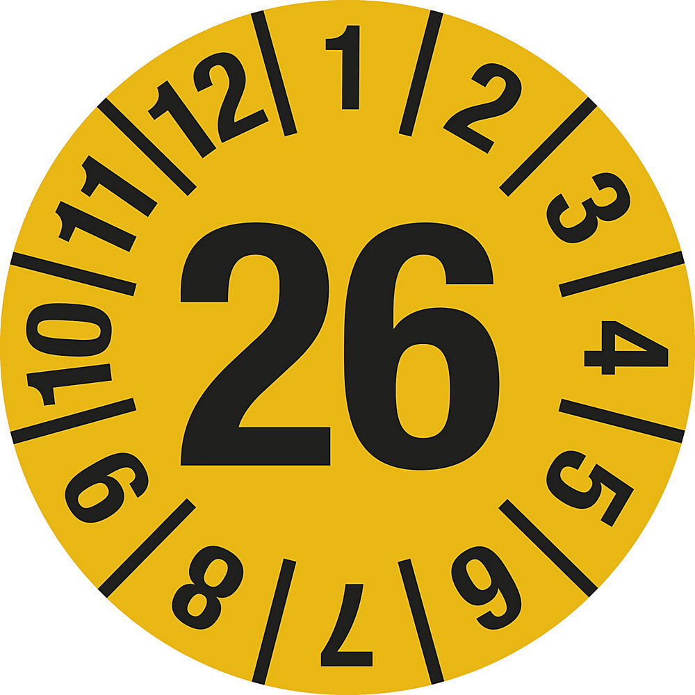 Keuringssticker, jaartal, documentfolie, Ø 15 mm, 26, geel