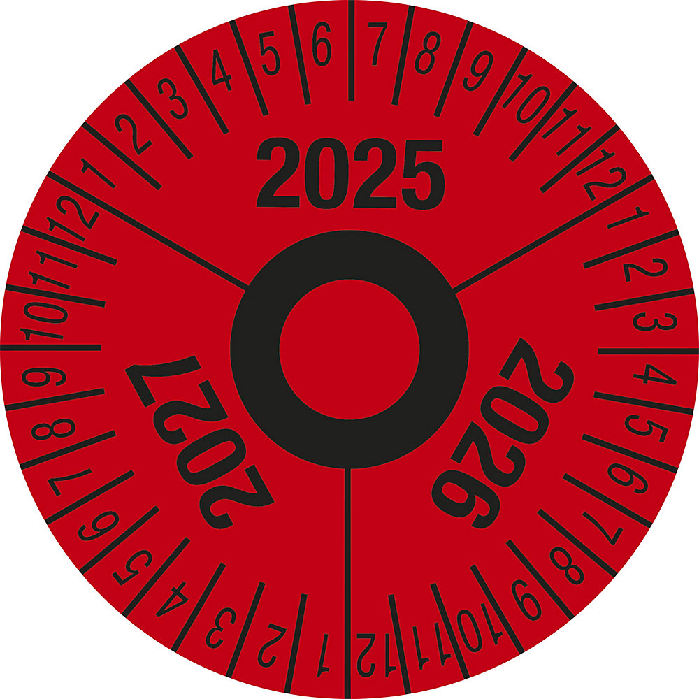 Keuringssticker, meerdere jaartallen, rood, folie, Ø 40 mm, VE = 10 stuks, 2025 - 2027