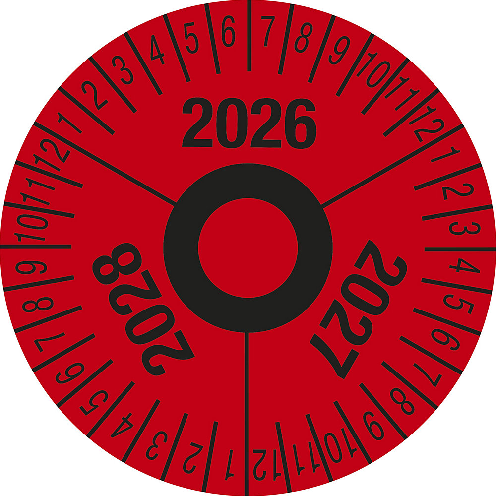 Keuringssticker, meerdere jaartallen, rood, folie, Ø 40 mm, VE = 10 stuks, 2026 - 2028