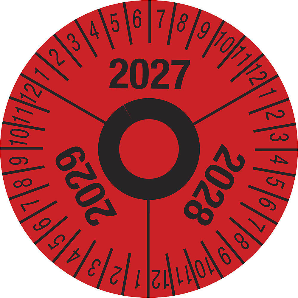 Keuringssticker, meerdere jaartallen, rood, folie, Ø 40 mm, VE = 10 stuks, 2027 - 2029