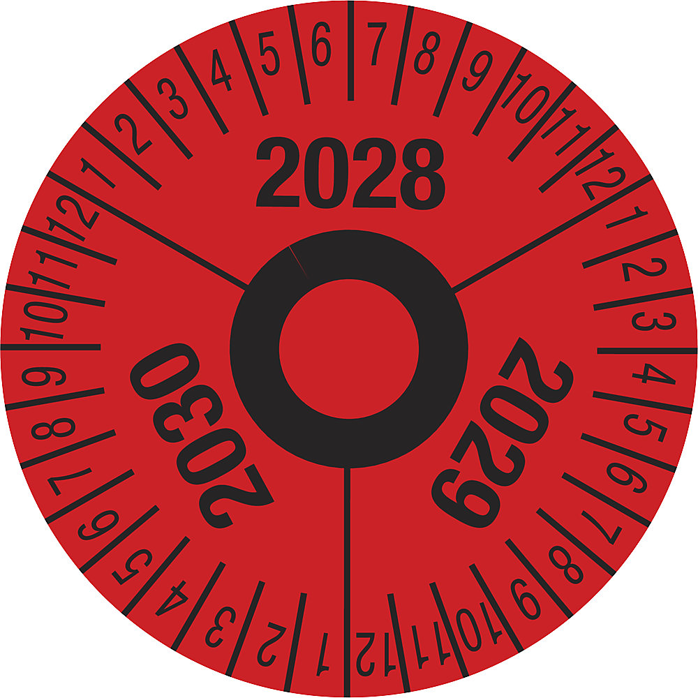 Keuringssticker, meerdere jaartallen, rood, folie, Ø 40 mm, VE = 10 stuks, 2028 - 2030