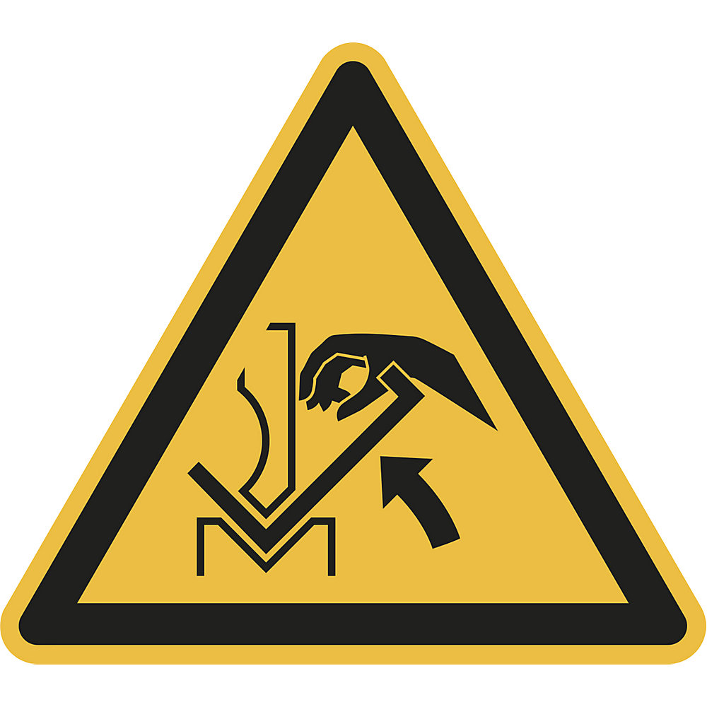 Waarschuwingsbord, waarschuwing voor beknellingsgevaar van de hand tussen pers en werkstuk, VE = 10 stuks, kunststof, hoeklengte 200 mm