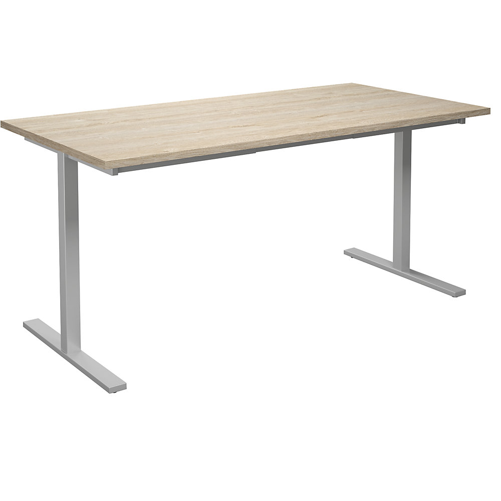 Multifunctionele tafel DUO-T, recht blad, h x d = 740 x 800 mm, breedte 1600 mm, eikenhout, zilverkleurig