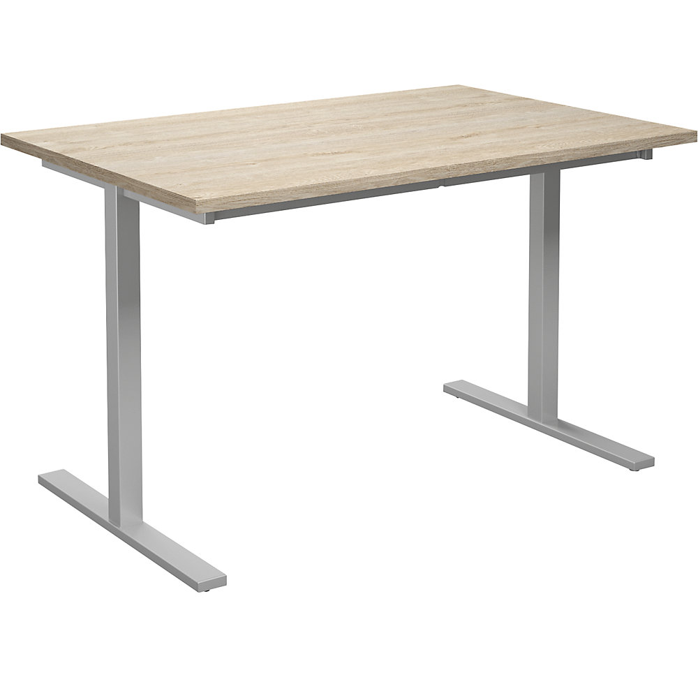 Multifunctionele tafel DUO-T, recht blad, h x d = 740 x 800 mm, breedte 1200 mm, eikenhout, zilverkleurig