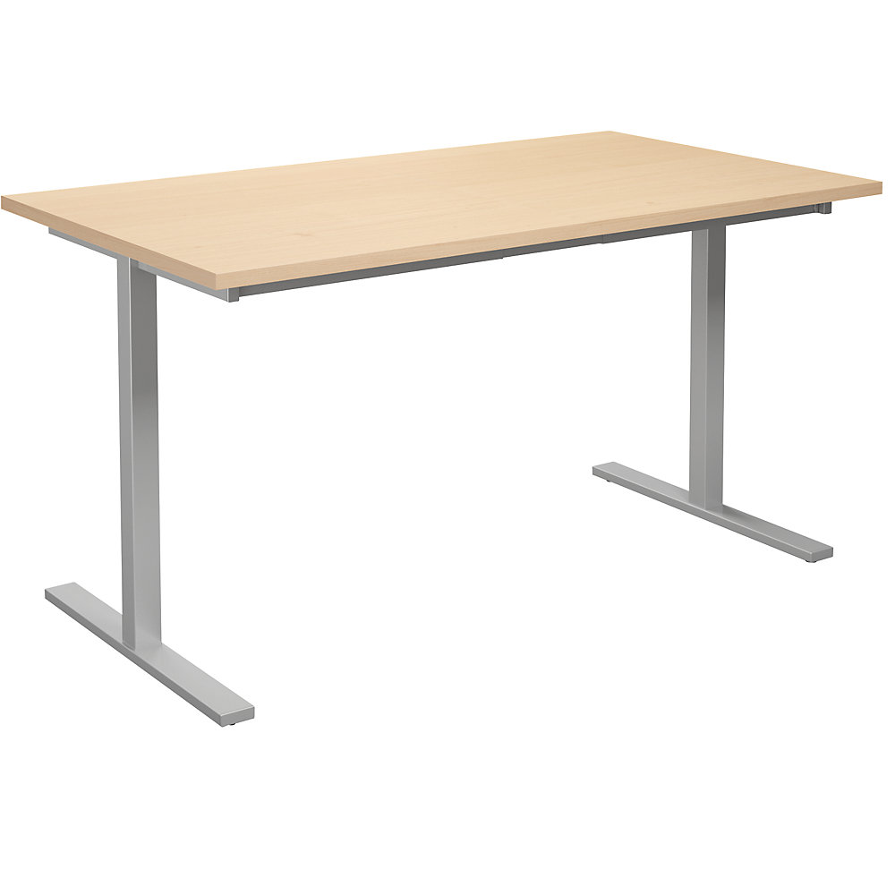 Multifunctionele tafel DUO-T, recht blad, h x d = 740 x 800 mm, breedte 1400 mm, berkenhout, zilverkleurig