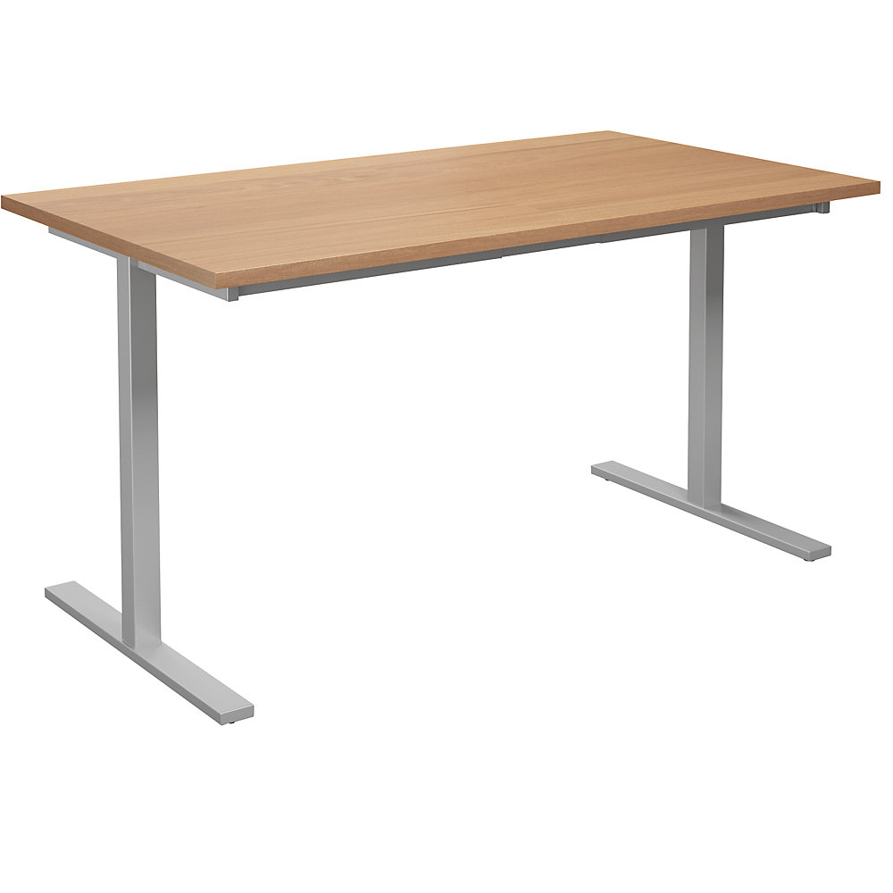 Multifunctionele tafel DUO-T, recht blad, h x d = 740 x 800 mm, breedte 1400 mm, beukenhout, zilverkleurig