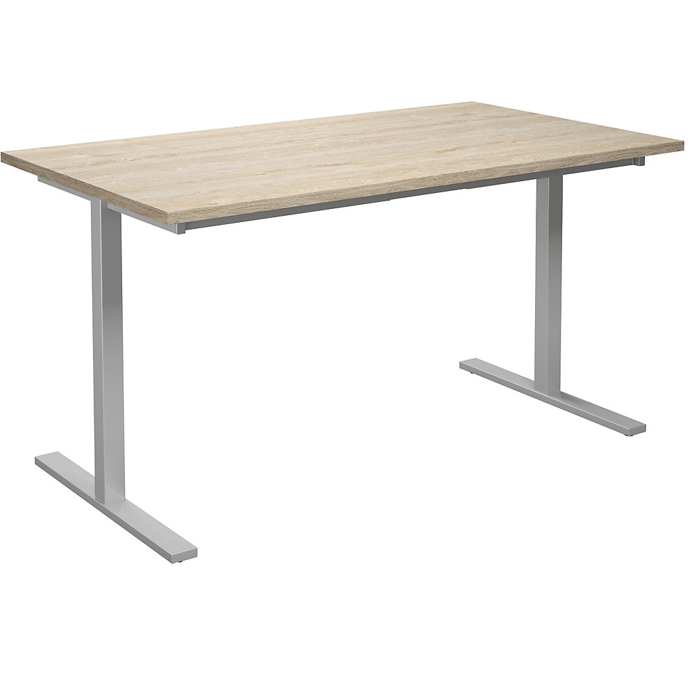 Multifunctionele tafel DUO-T, recht blad, h x d = 740 x 800 mm, breedte 1400 mm, eikenhout, zilverkleurig
