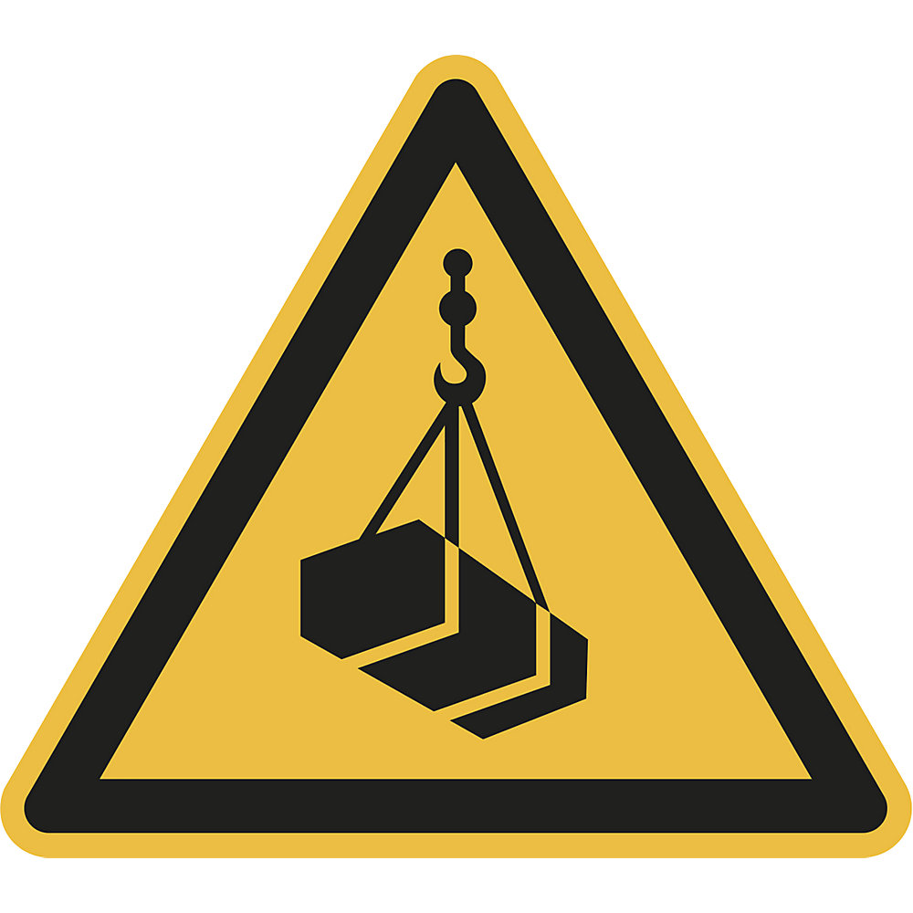Waarschuwingsbord, waarschuwing voor zwevende lasten, VE = 10 stuks, kunststof, hoeklengte 200 mm
