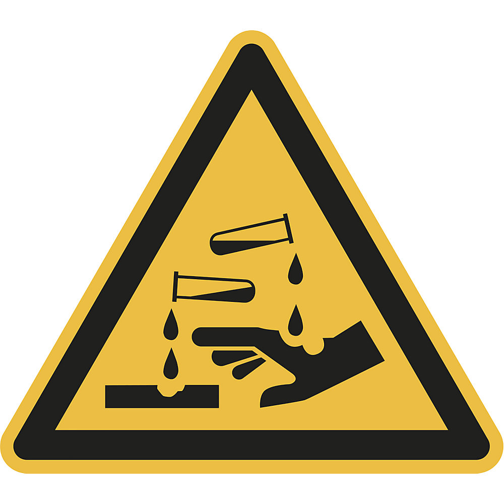 Waarschuwingsbord, waarschuwing voor etsende stoffen, VE = 10 stuks, kunststof, hoeklengte 200 mm