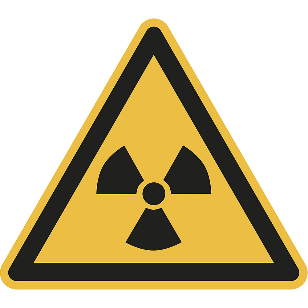 Waarschuwingsbord, waarschuwing voor radioactieve stoffen of ioniserende straling, VE = 10 stuks, folie, hoeklengte 100 mm