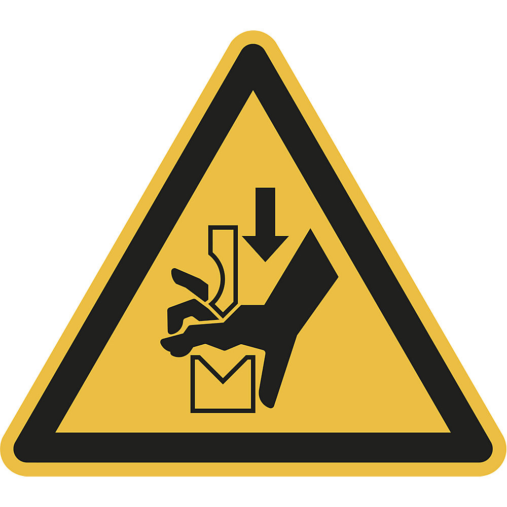 Waarschuwingsbord, waarschuwing voor beknellingsgevaar van de hand tussen de onderdelen van een pers, VE = 10 stuks, kunststof, hoeklengte 200 mm