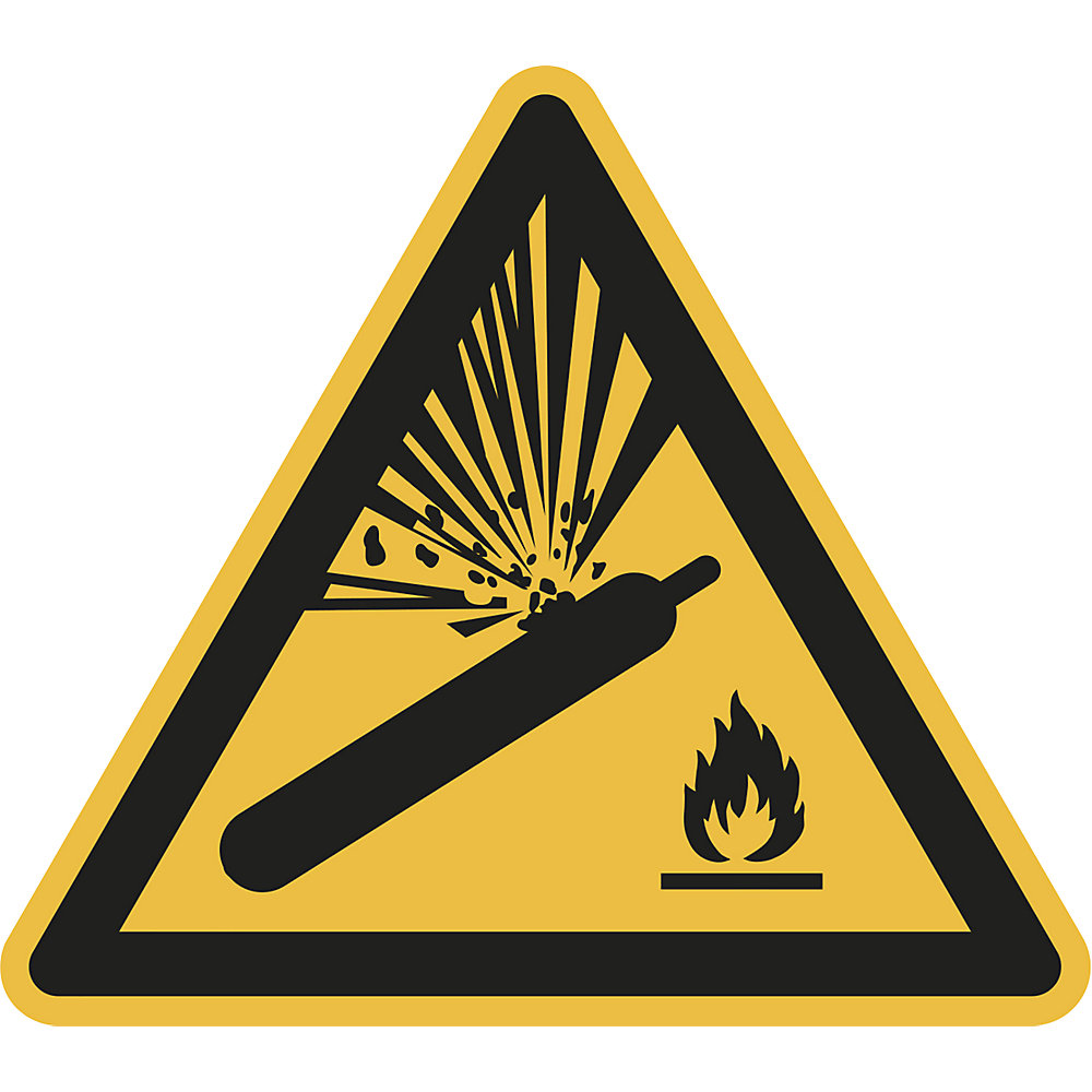 Waarschuwingsbord, waarschuwing voor gasflessen, VE = 10 stuks, folie, hoeklengte 200 mm
