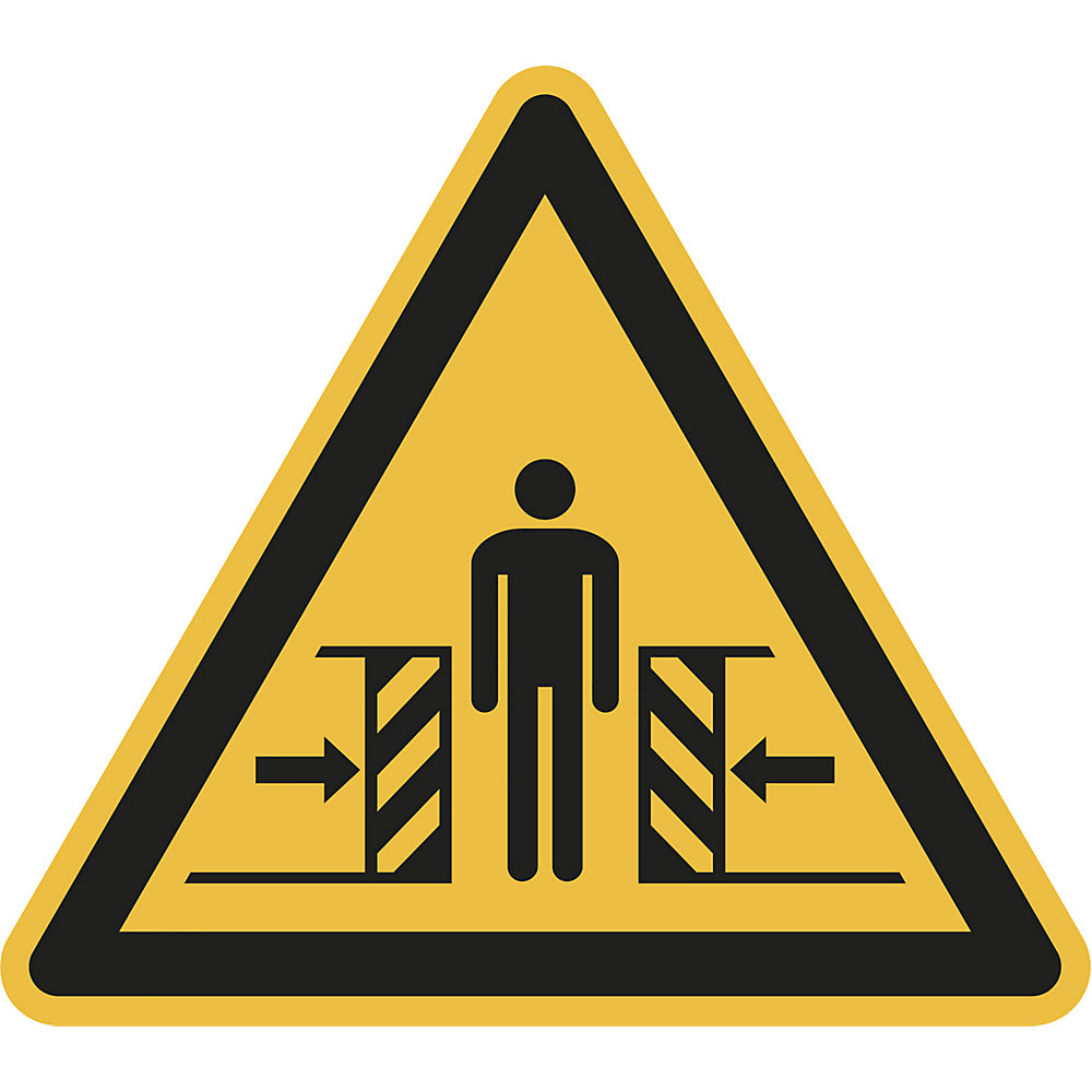 Waarschuwingsbord, waarschuwing voor pletgevaar, VE = 10 stuks, kunststof, hoeklengte 200 mm
