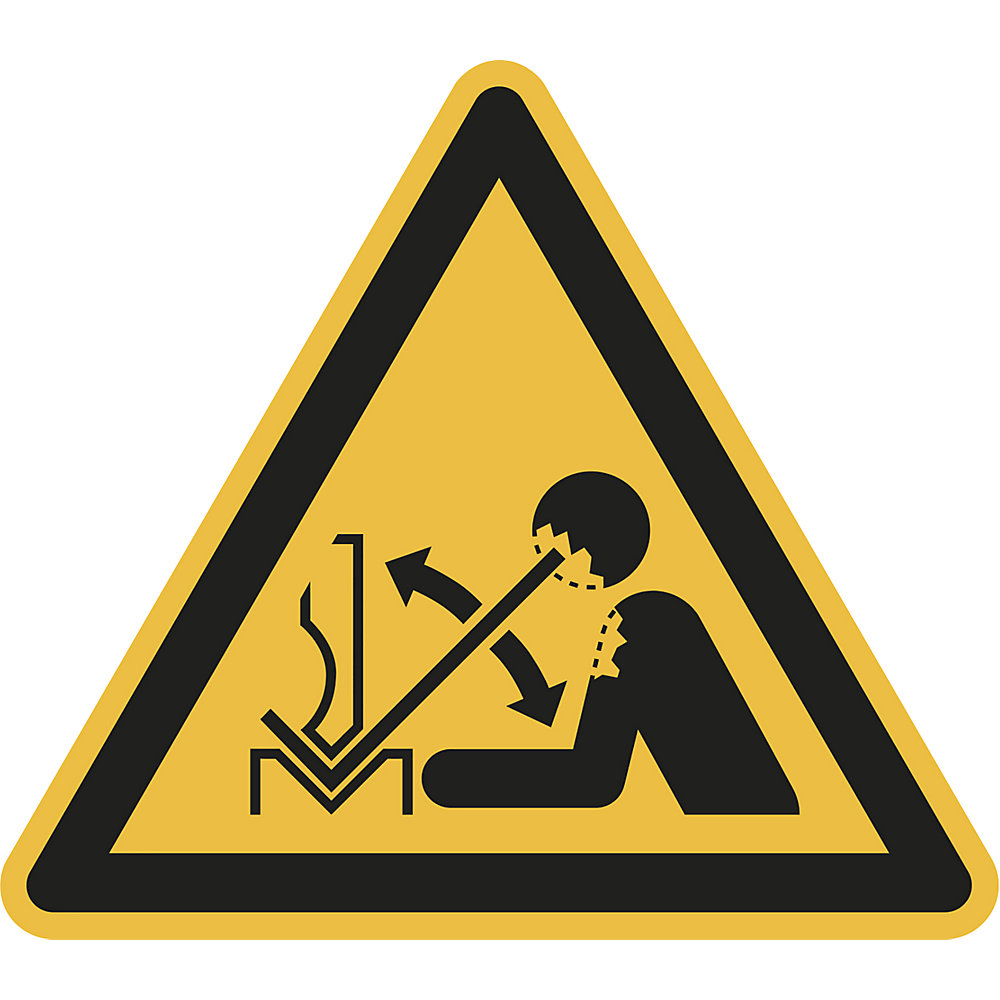 Waarschuwingsbord, waarschuwing voor een omhoog schietend werkstuk in een pers, VE = 10 stuks, kunststof, hoeklengte 200 mm