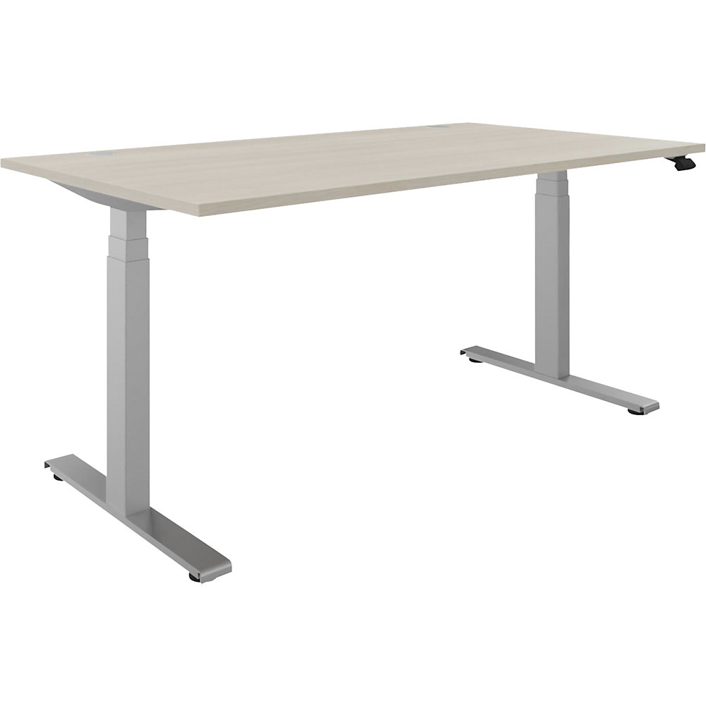 Bureau BOTTOM-UP, elektrisch in hoogte verstelbaar, recht, b x d = 1600 x 900 mm, acaciahout/zilver