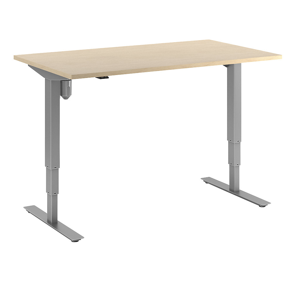 Bureau Atlanta, elektrisch in hoogte verstelbaar, recht, b x d = 1400 x 800 mm, berkenhout/zilver