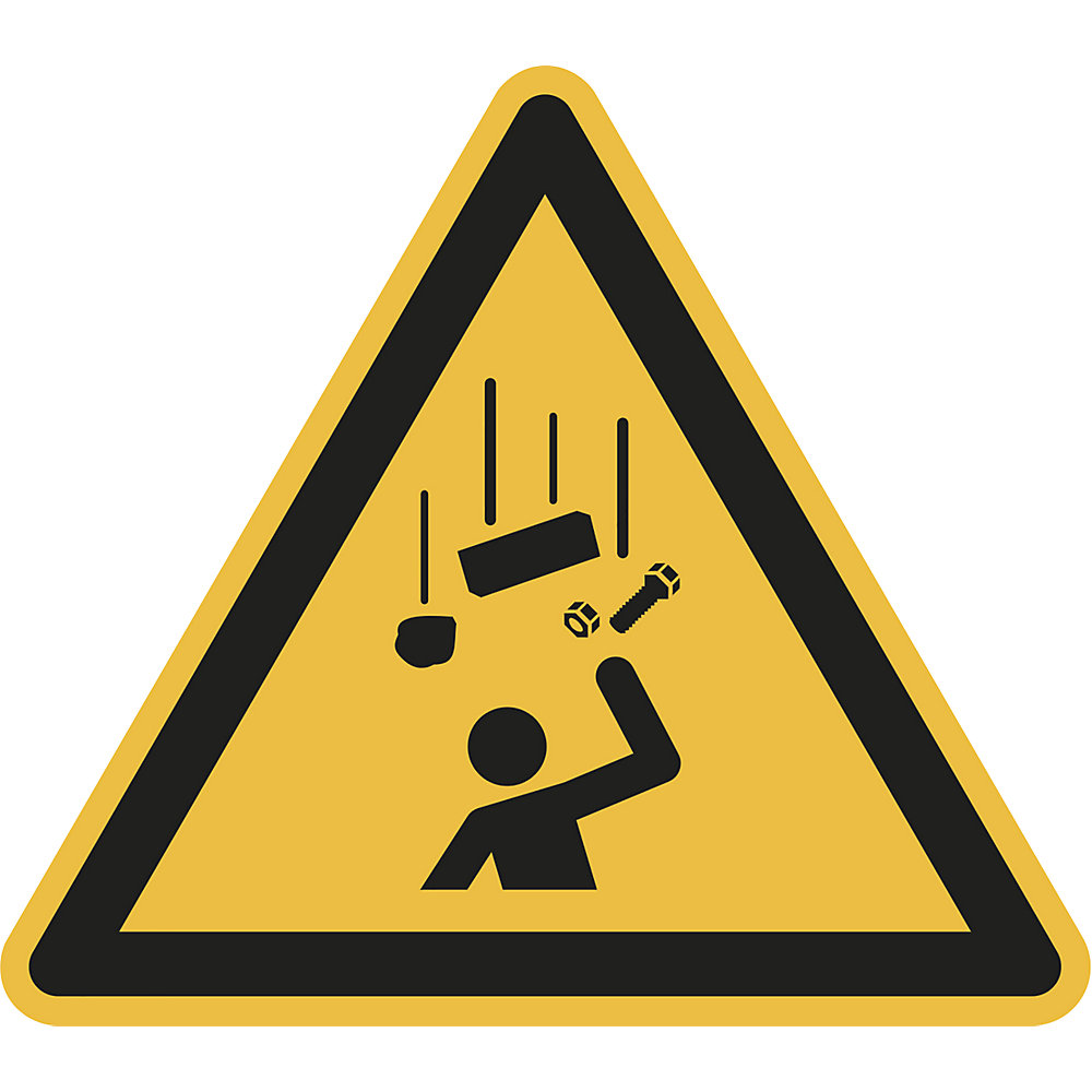 Waarschuwingsbord, waarschuwing voor naar beneden vallende voorwerpen, VE = 10 stuks, folie, hoeklengte 200 mm