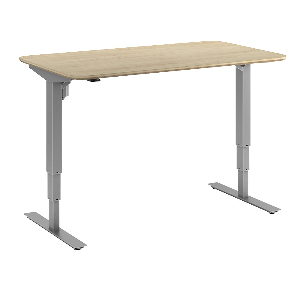 Bureau Atlanta Trend, elektrisch in hoogte verstelbaar, rechte, afgeronde hoeken, b x d = 1400 x 800 mm, eikenhout/zilver