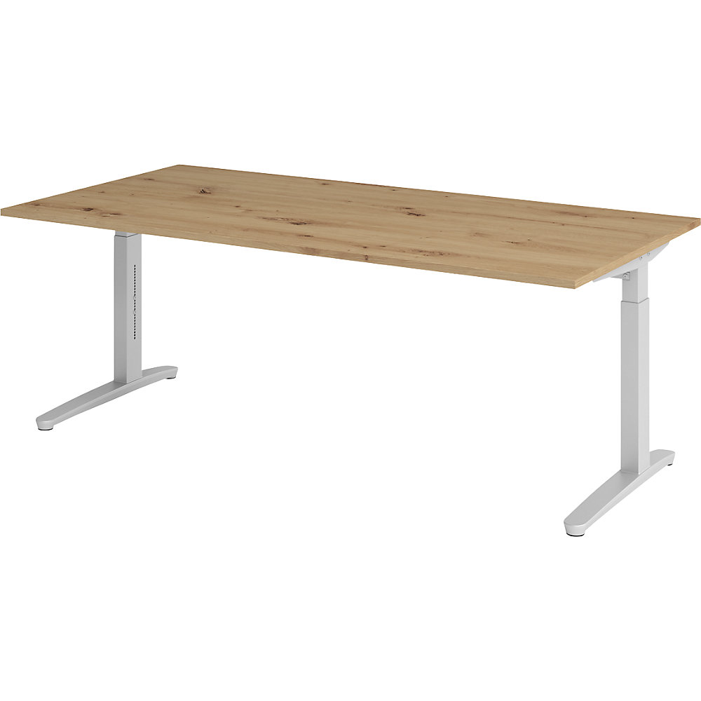 ANNY - Bureautafel met C-vormig onderstel, in hoogte verstelbaar van 650 - 850 mm, breedte 2000 mm, aluminiumzilver / eikenhout met noesten