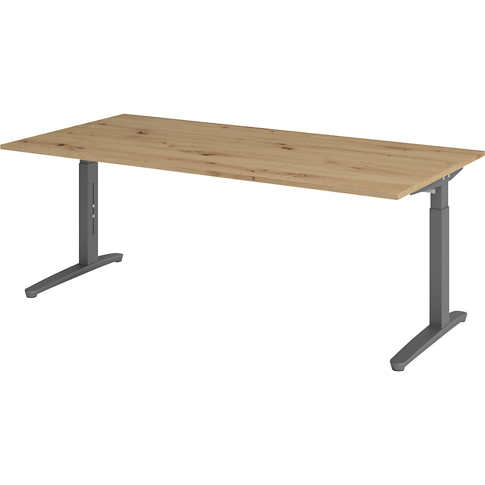 ANNY - Bureautafel met C-vormig onderstel, in hoogte verstelbaar van 650 - 850 mm, breedte 2000 mm, grafiet / eikenhout met noesten