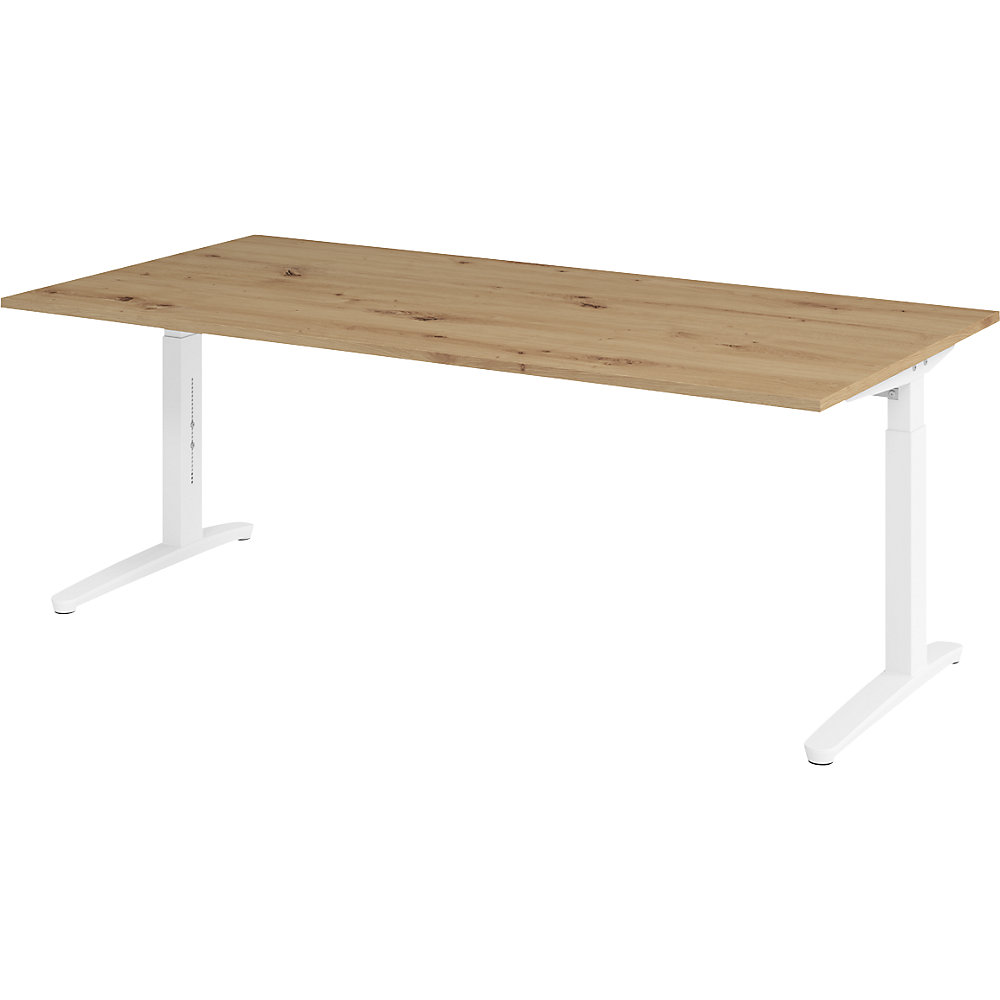 ANNY - Bureautafel met C-vormig onderstel, in hoogte verstelbaar van 650 - 850 mm, breedte 2000 mm, wit / eikenhout met noesten
