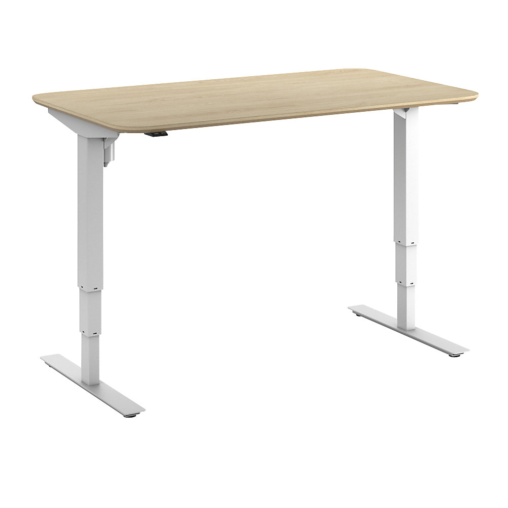 Bureau Atlanta Trend, elektrisch in hoogte verstelbaar, rechte, afgeronde hoeken, b x d = 1400 x 800 mm, eikenhout/wit