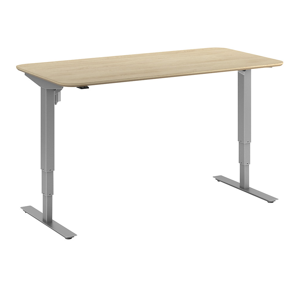 Bureau Atlanta Trend, elektrisch in hoogte verstelbaar, rechte, afgeronde hoeken, b x d = 1600 x 800 mm, eikenhout/zilver