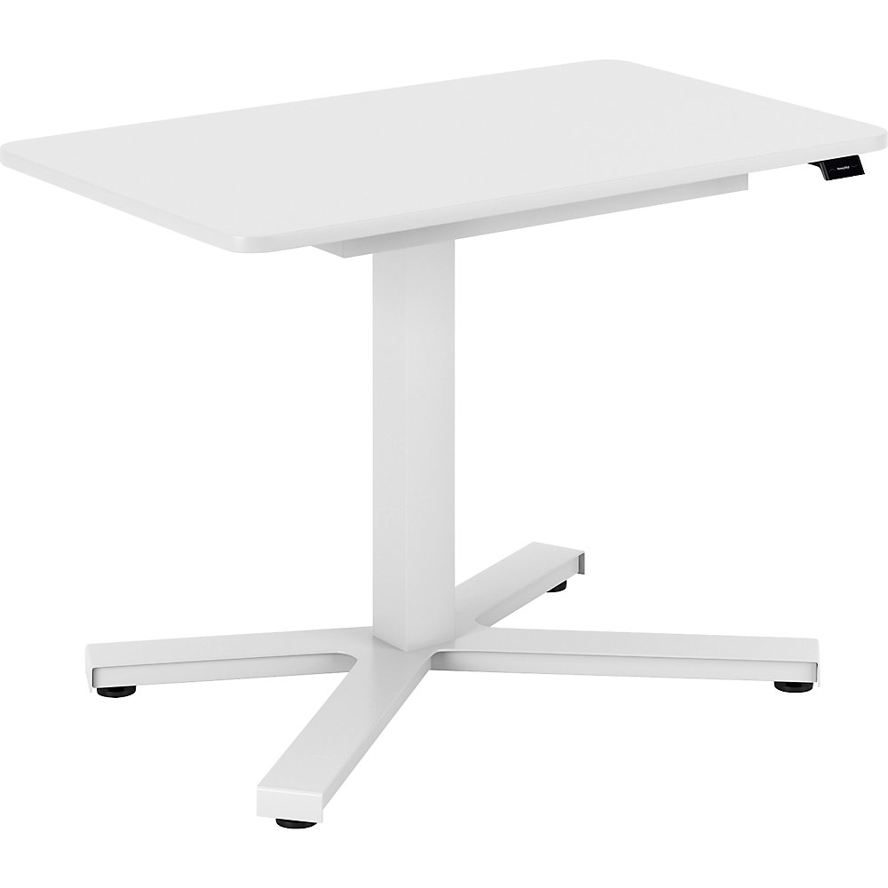 Bureau Miva, elektrisch in hoogte verstelbaar, bijzettafel met één kolom, recht, l x b = 900 x 550 mm, wit/wit