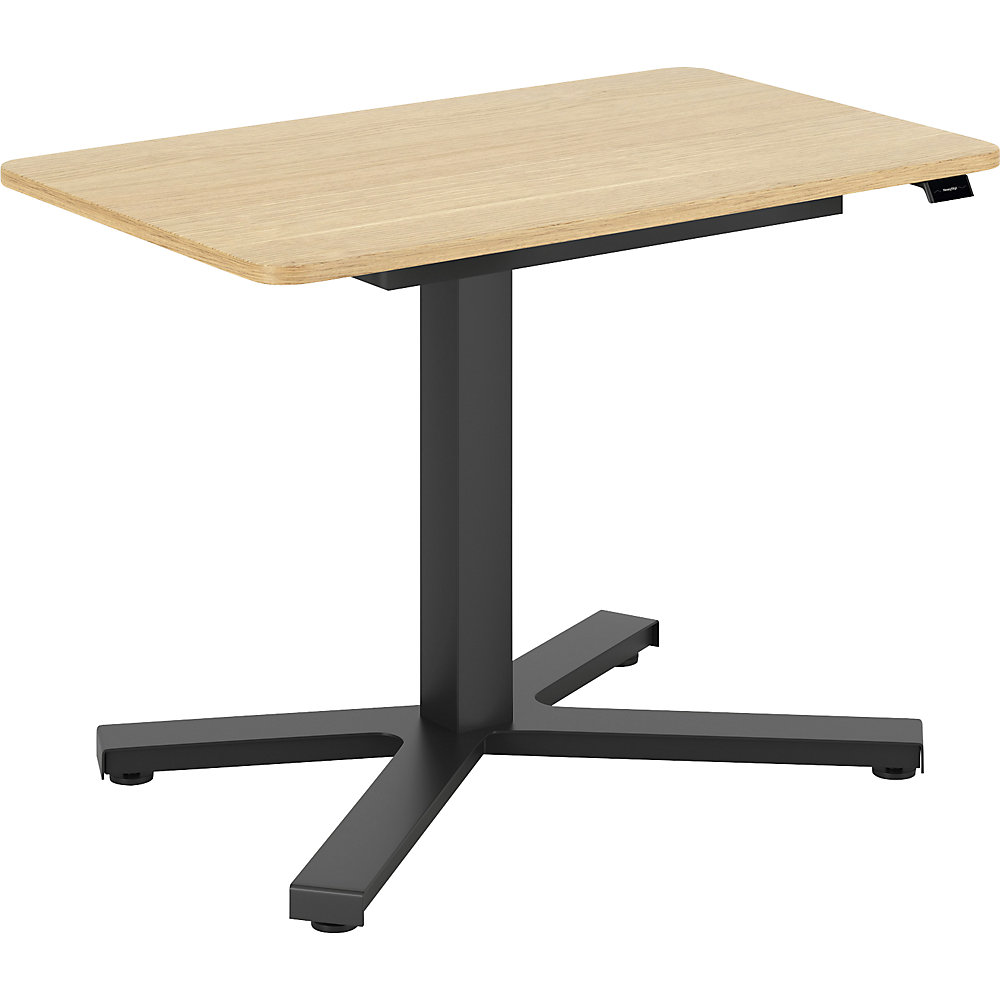Bureau Miva, elektrisch in hoogte verstelbaar, bijzettafel met één kolom, recht, l x b = 900 x 550 mm, eikenhout licht/zwart