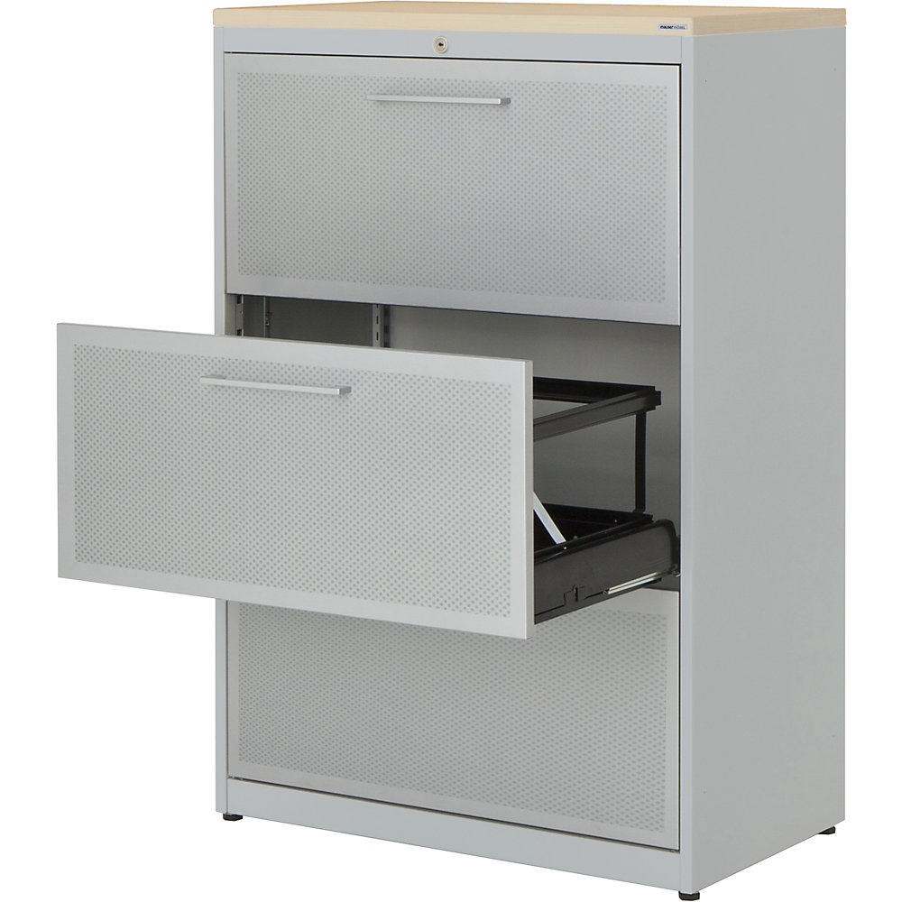 Mauser Hangmappenkast, 3 laden, 2 rijen, blank aluminiumkleurig / blank aluminiumkleurig / ahornhoutdecor