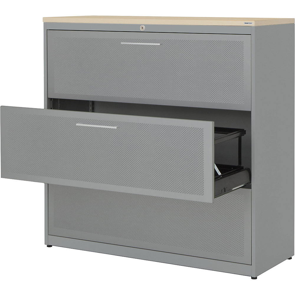 Mauser Hangmappenkast, 3 laden, 3 rijen, blank aluminiumkleurig / blank aluminiumkleurig / ahornhoutdecor
