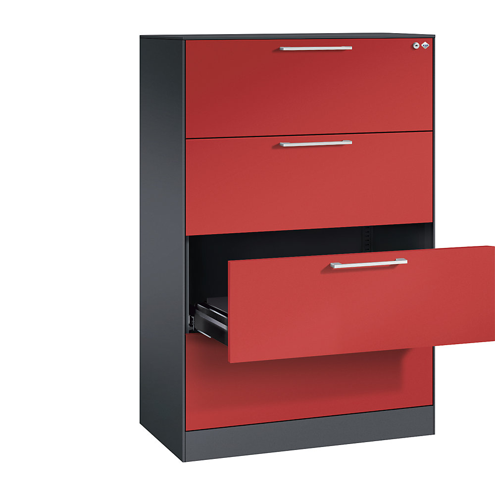 C+P Archiefkast ASISTO, hoogte 1292 mm, met 4 lades, A4 liggend, zwartgrijs/vuurrood