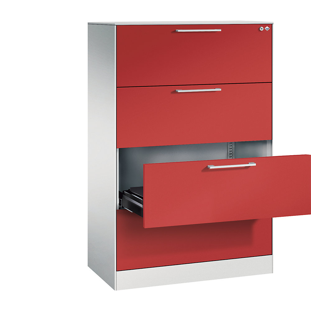 C+P Archiefkast ASISTO, hoogte 1292 mm, met 4 lades, A4 liggend, lichtgrijs/vuurrood