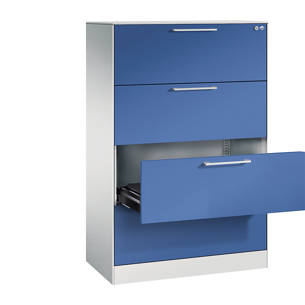 C+P Archiefkast ASISTO, hoogte 1292 mm, met 4 lades, A4 liggend, lichtgrijs/gentiaanblauw