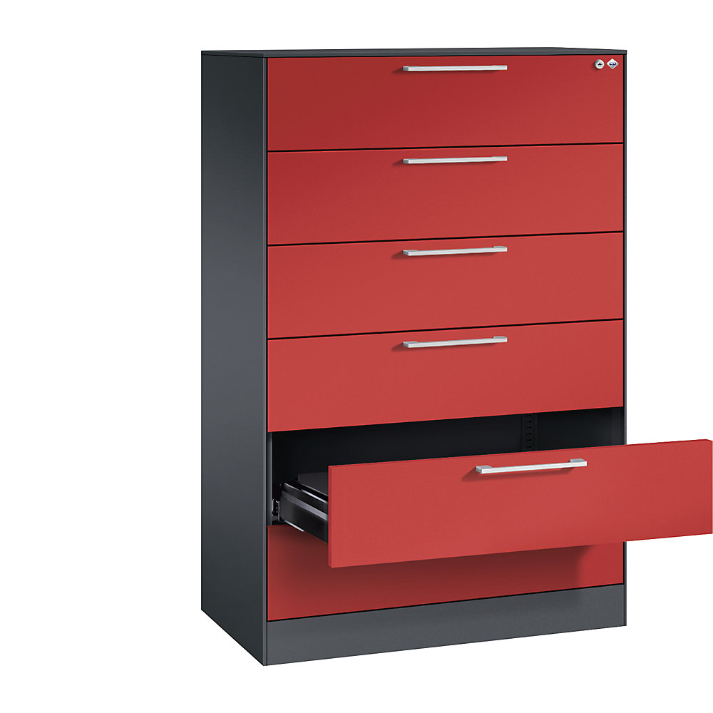 C+P Archiefkast ASISTO, hoogte 1292 mm, met 6 lades, A5 liggend, zwartgrijs/vuurrood