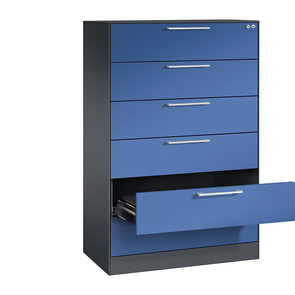 C+P Archiefkast ASISTO, hoogte 1292 mm, met 6 lades, A5 liggend, zwartgrijs/gentiaanblauw