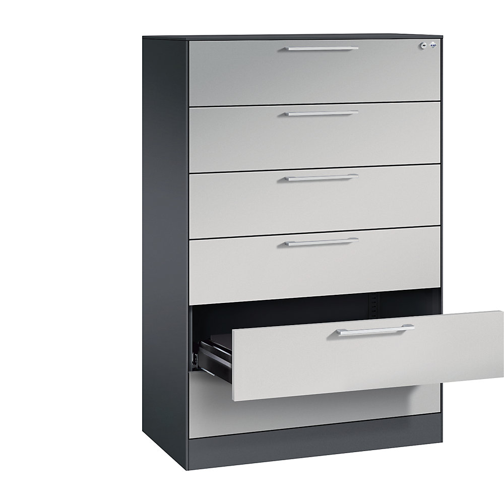 C+P Archiefkast ASISTO, hoogte 1292 mm, met 6 lades, A5 liggend, zwartgrijs/blank aluminiumkleurig
