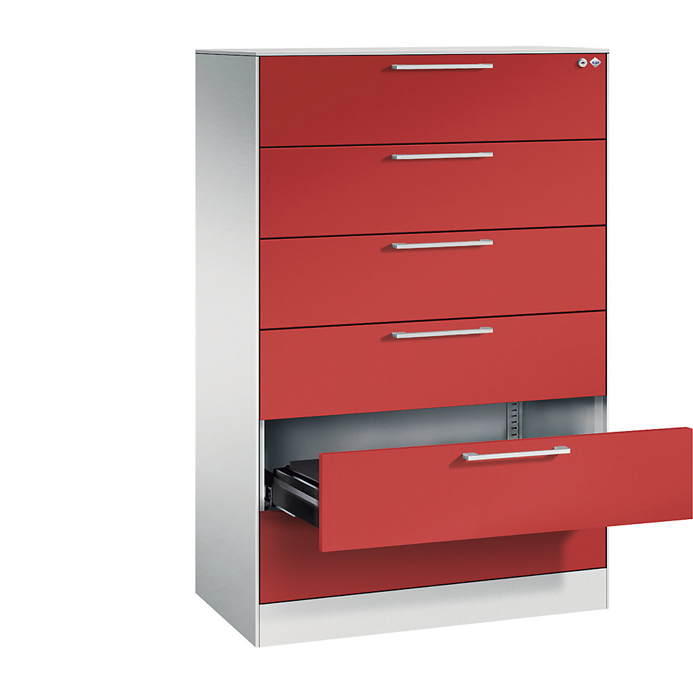 C+P Archiefkast ASISTO, hoogte 1292 mm, met 6 lades, A5 liggend, lichtgrijs/vuurrood