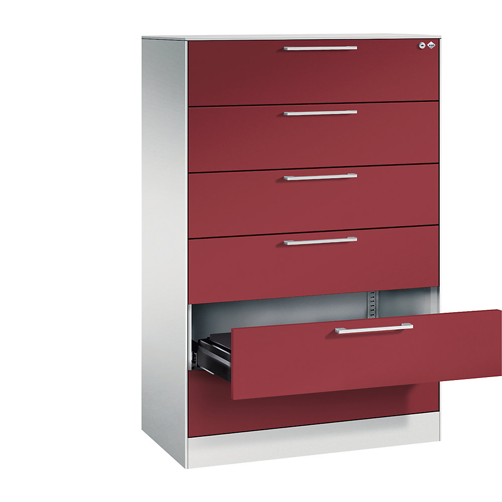 C+P Archiefkast ASISTO, hoogte 1292 mm, met 6 lades, A5 liggend, lichtgrijs/robijnrood