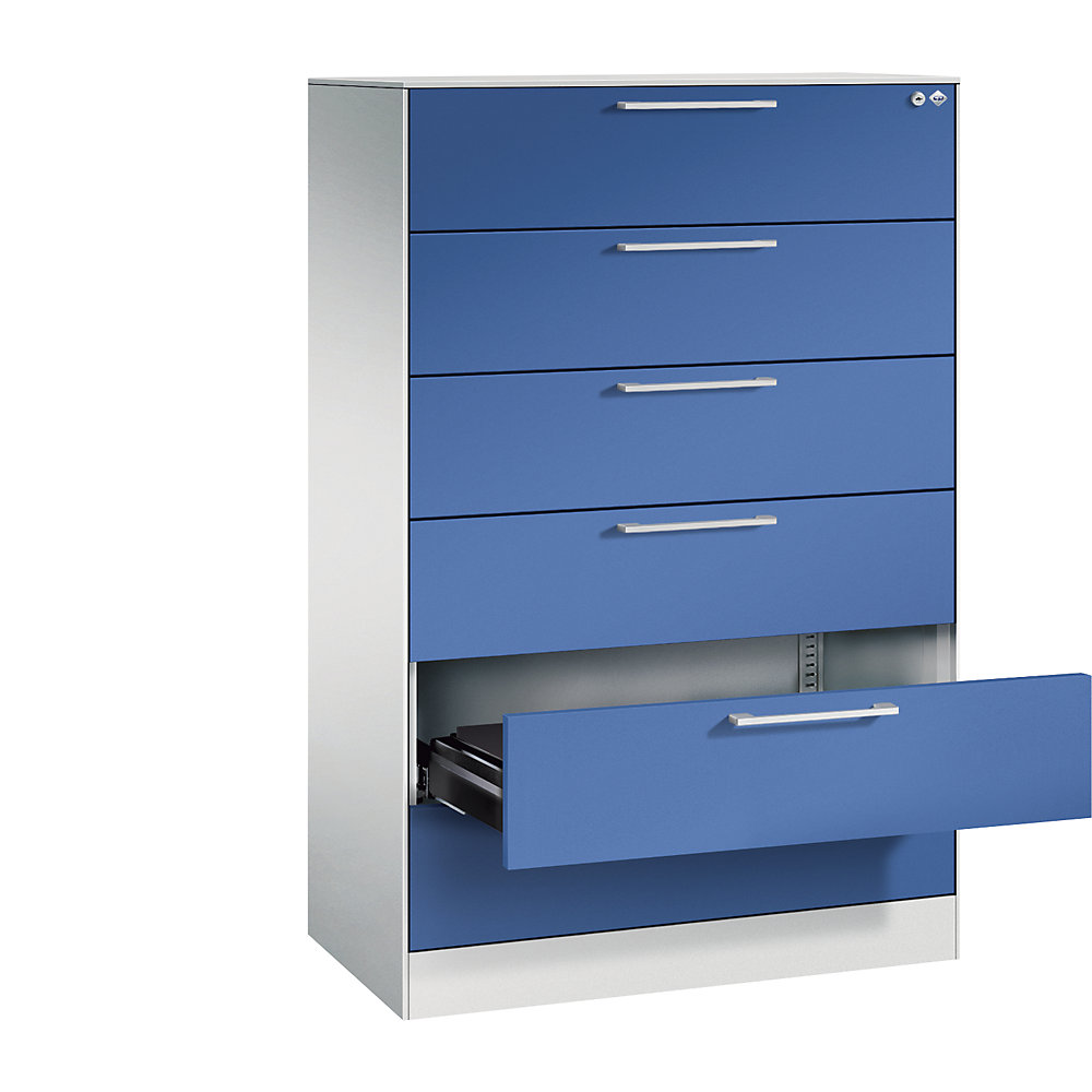 C+P Archiefkast ASISTO, hoogte 1292 mm, met 6 lades, A5 liggend, lichtgrijs/gentiaanblauw