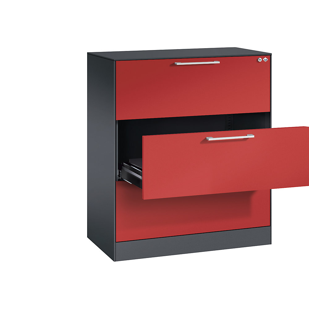 C+P Archiefkast ASISTO, hoogte 992 mm, met 3 lades, A4 liggend, zwartgrijs/vuurrood
